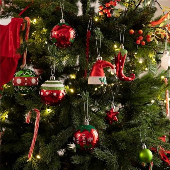 70ct Elf Christmas Ornaments Set, Red Green‎ White Shatterproof Ball Decorations - Picture 2 of 7